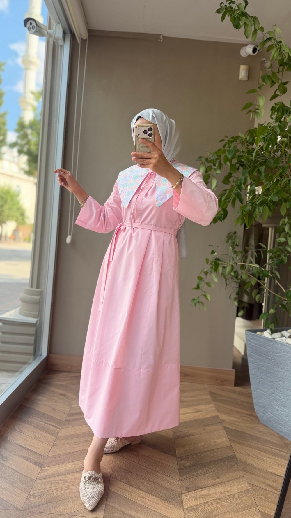 Etnik Mendil Yaka Astarlı Elbise | Pembe