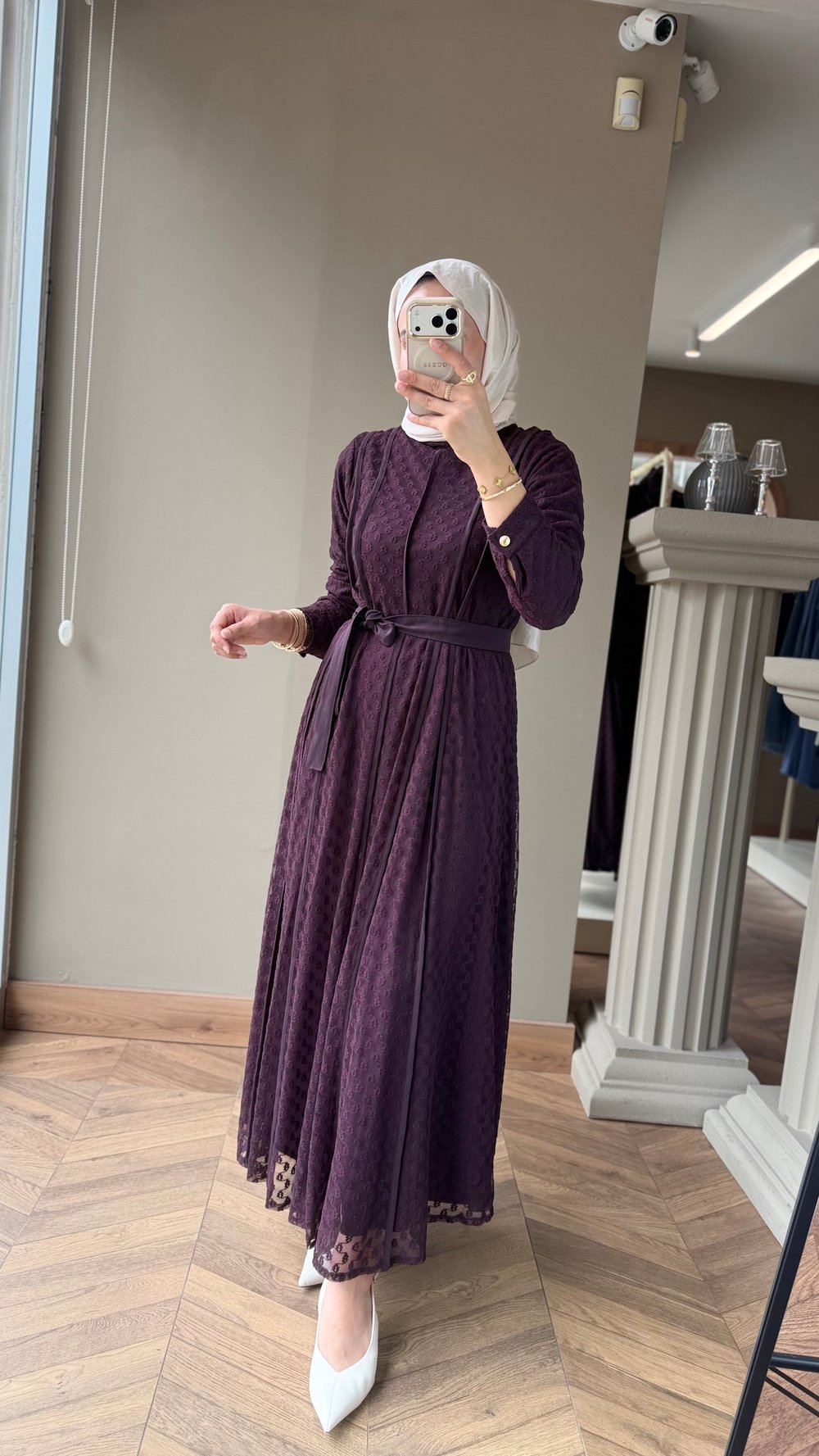 LAVİN Dantel Dokulu Elbise | Mürdüm