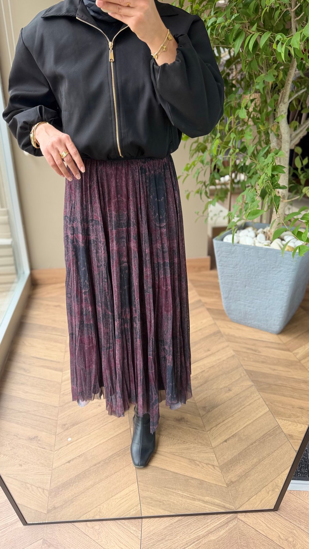 Luna Desen Şifon Etek | Bordo