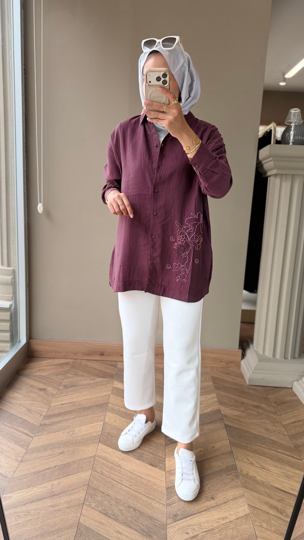 Nakış Detaylı Gömlek Tunik | Mürdüm