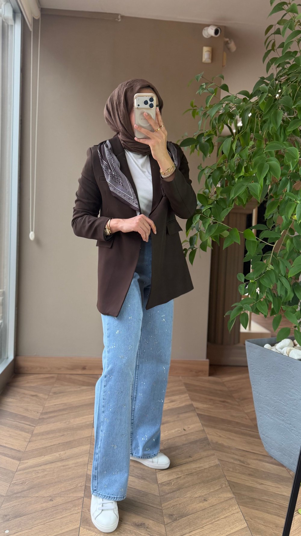 Şal Detaylı Astarlı Blazer Ceket | Kahverengi