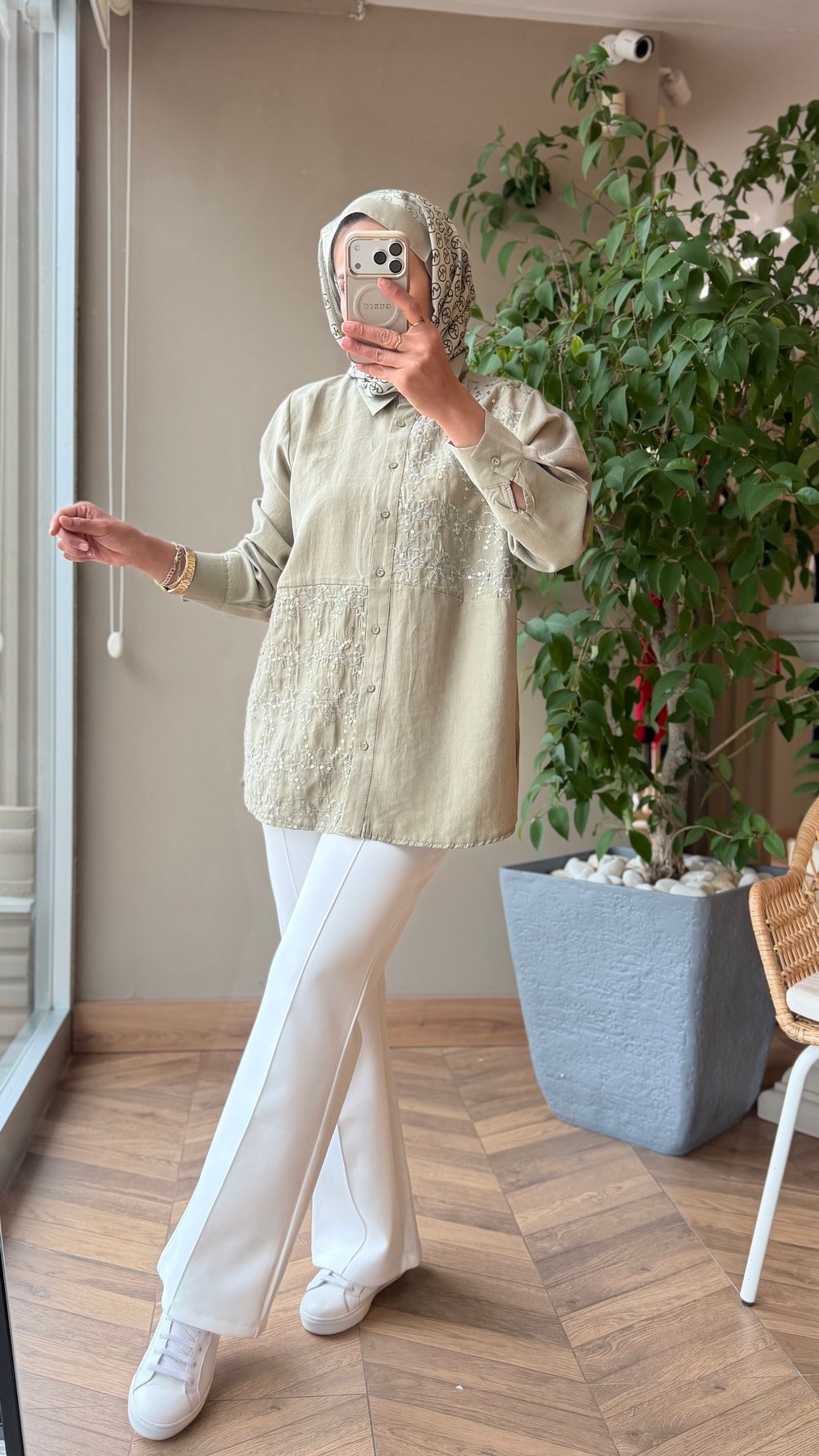 VELMORA Pul İşlemeli Tencel Gömlek | Yeşil