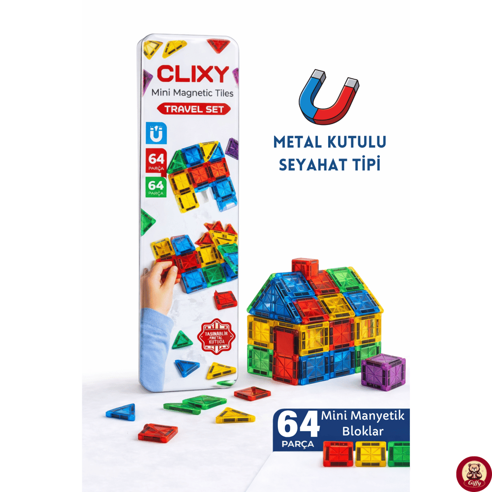 Manyetik Yapı Blokları - 64 Parça Seyahat Tipi Mini Bloklar Metal Saklama Kutulu Çanta Boy Renkli