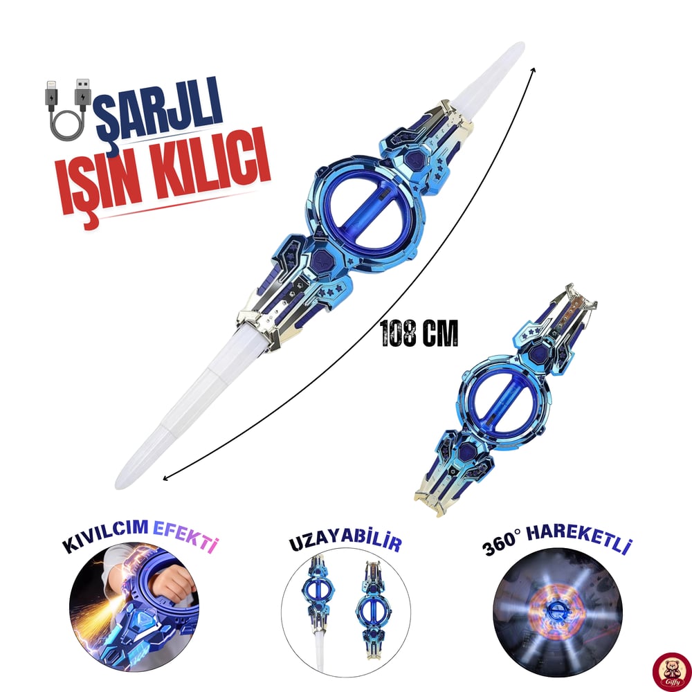 Oyuncak +14 Yaş Kıvılcım Efektli 360° Derece Dönen RGB 108 CM Kılıç Şarjlı Ses Efektli Işıklı Naruto