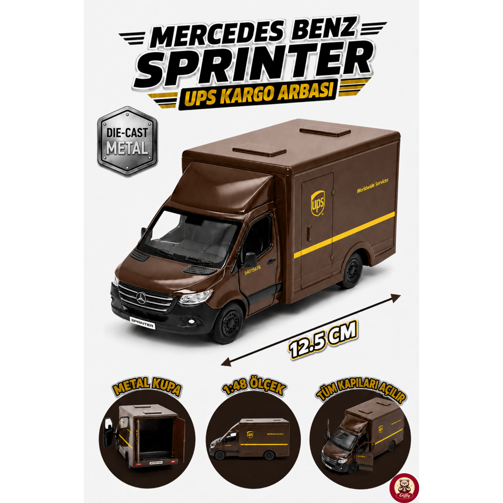 Oyuncak 1:48 Ölçek Mercedes-Benz Sprinter UPS Kapalı Kasa Kargo Aracı 12,5 cm Metal Kupa Açılır Kapılı Koleksiyonluk Hediyelik