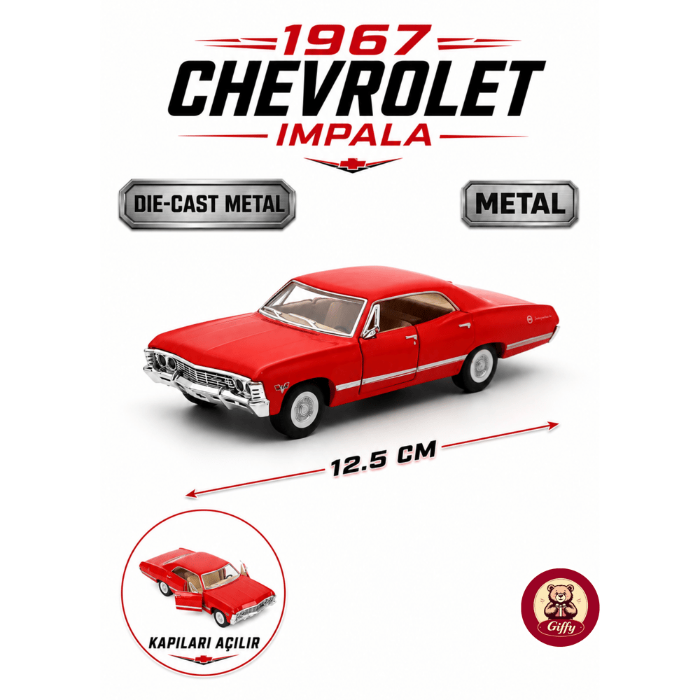 Oyuncak 1967 Chevrolet Impala 1:43 Die Cast Metal Model Araba 12,5 cm Açılır Kapılı Koleksiyonluk Klasik Araba Koleksiyonluk Hediyelik Oyuncak (Kırmızı)