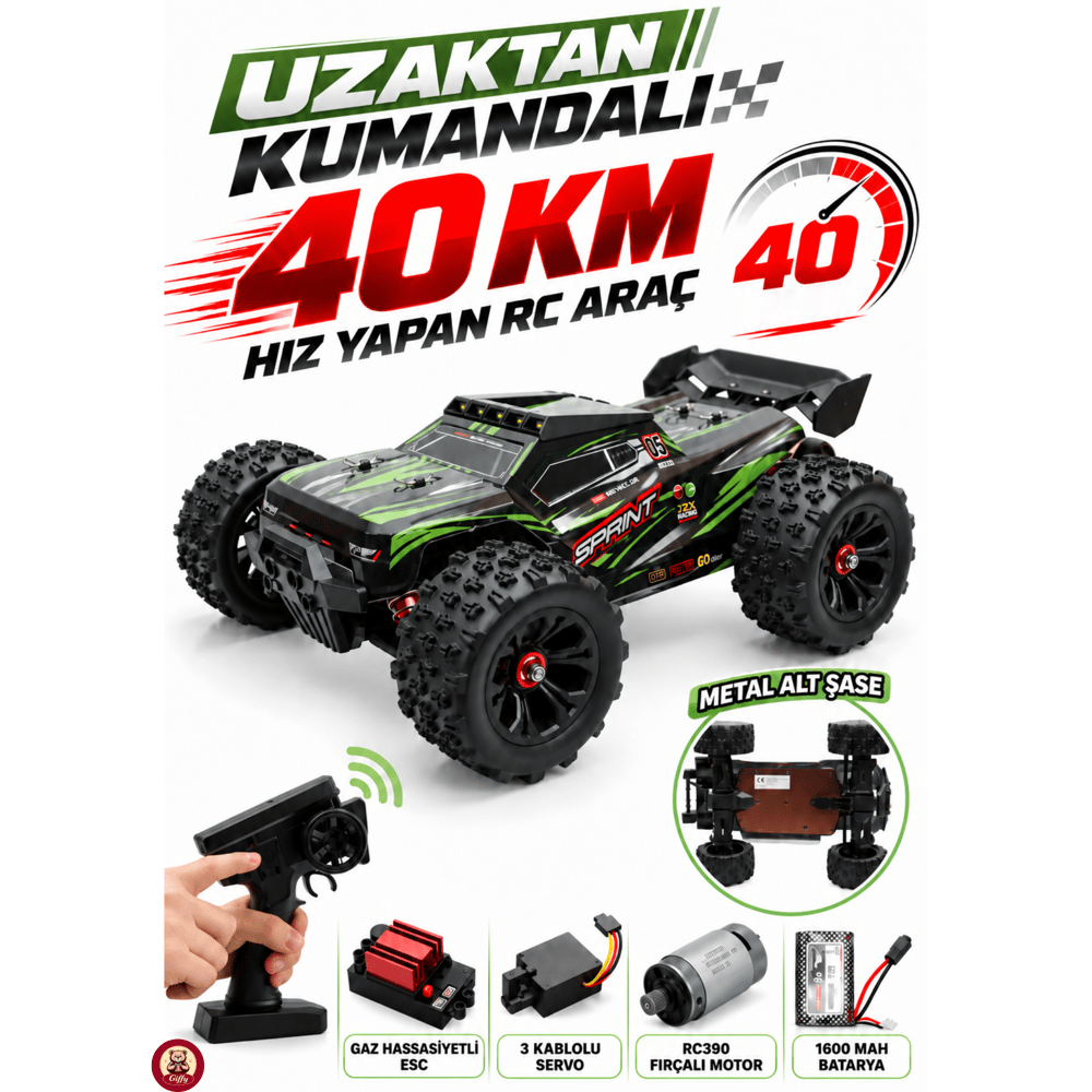 Oyuncak 2.4 GhZ Uzaktan Kumandalı RC Arazi Arabası 40 Km/sa Hız 4x4 Çekiş Metal Şase RC390 Motor Şarjlı Led Işıklı Gaz ve Direksiyon Hassasiyetli (Yeşil)