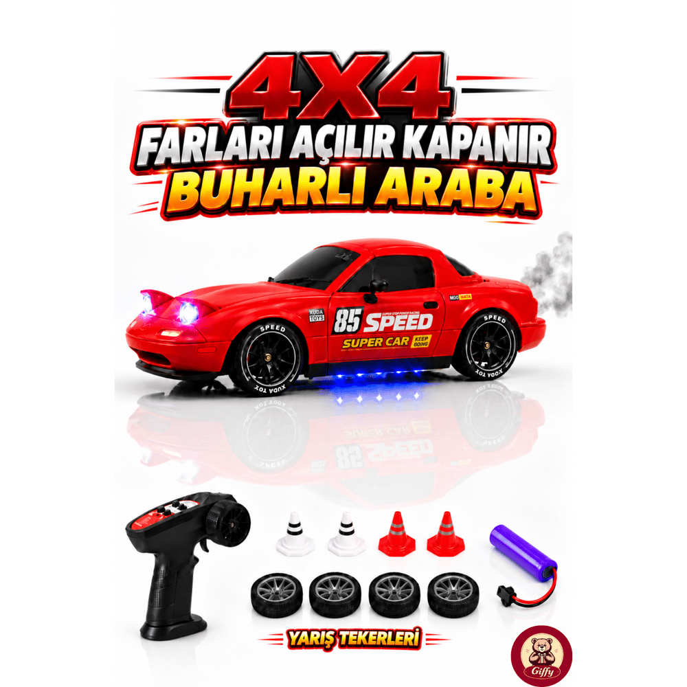 Oyuncak 2.4 GhZ Uzaktan Kumandalı 4x4 Drift RC Araba Açılır Kapanır Pop-Up Farlı Buhar Efektli Şarjlı LED Işıklı Hız Ayarlı Gaz Hassasiyetli Yarış Arabası (Kırmızı)