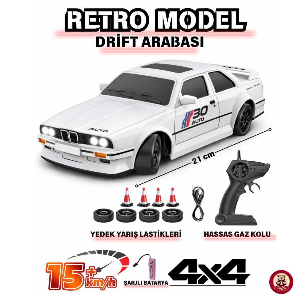 Oyuncak BMW E30 Drift Araba 4x4 Uzaktan Kumandalı Araba 2.4GHz Şarjlı LED Işıklı 15 Km Hız Araba Beyaz