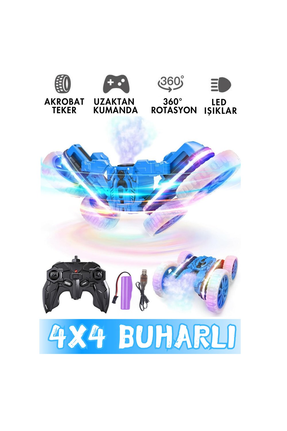 Oyuncak Buhar Atan Akrobatik Araba 2.4 GHz Uzaktan Kumandalı Şarjlı Led Işıklı