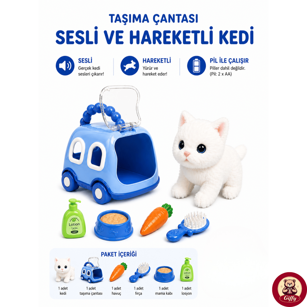 Oyuncak Kedi Taşıma Çantalı Sesli Hareketli Pilli, Emekleme Oyuncağı Aksesuarlı Çocuklar İçin Eğitici Hayvan Sevgisi (Mavi)