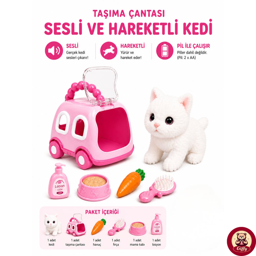 Oyuncak Kedi Taşıma Çantalı Sesli Hareketli Pilli, Emekleme Oyuncağı Aksesuarlı Çocuklar İçin Eğitici Hayvan Sevgisi (Pembe)