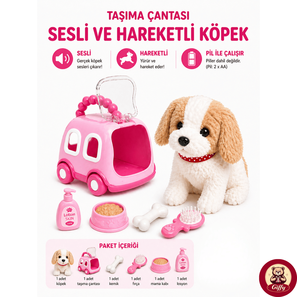 Oyuncak Köpek Taşıma Çantalı Sesli Hareketli Pilli, Emekleme Oyuncağı Aksesuarlı Çocuklar İçin Eğitici Hayvan Sevgisi (Pembe)