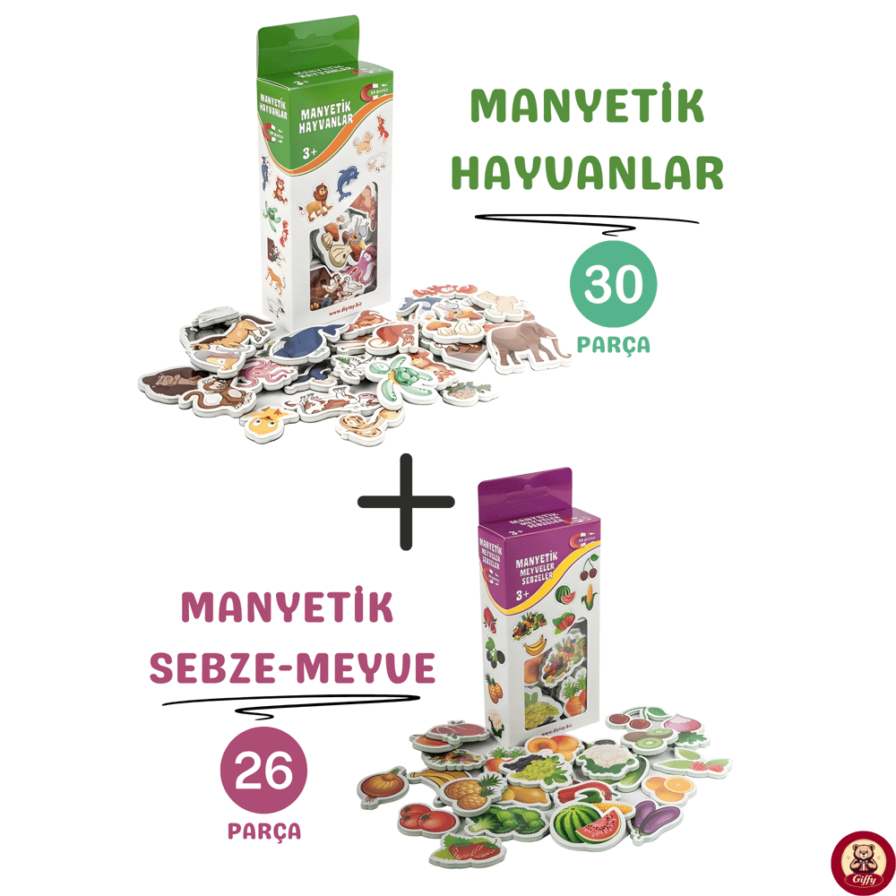 Oyuncak Manyetik Mıknatıslı 30 Parça Hayvanlar ve 26 Parça Sebze Meyveler Eğitici Set Magnet