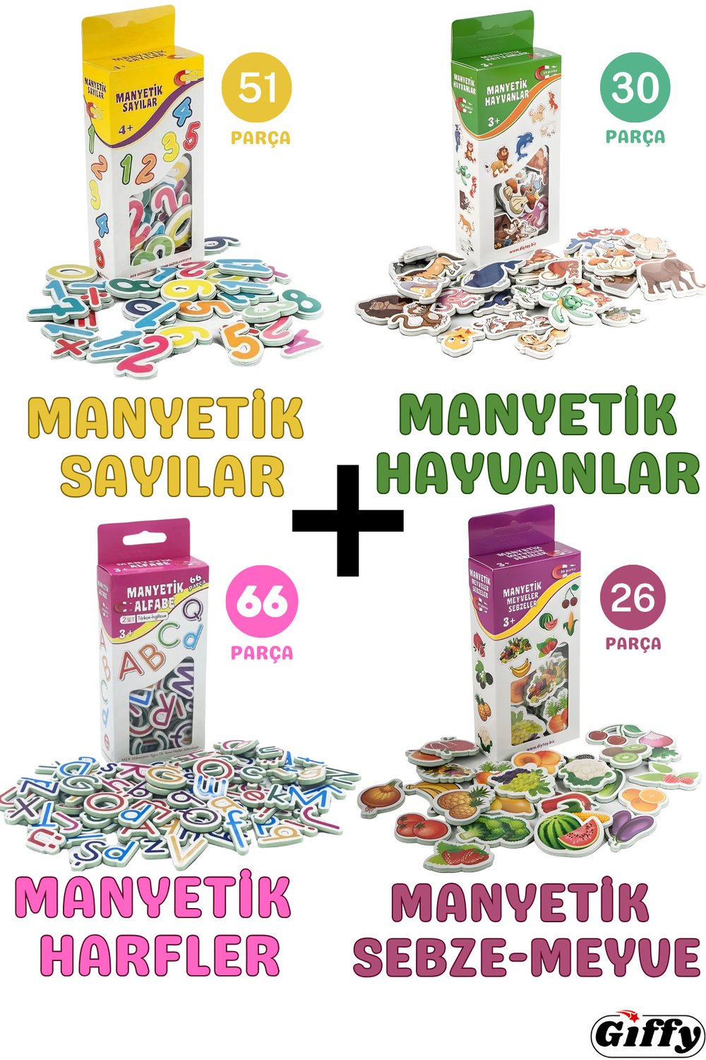 Oyuncak Manyetik Mıknatıslı 51 Parça Sayılar 30 Parça Hayvanlar 66 Parça Harfler 26 Prça Meyve Sebze