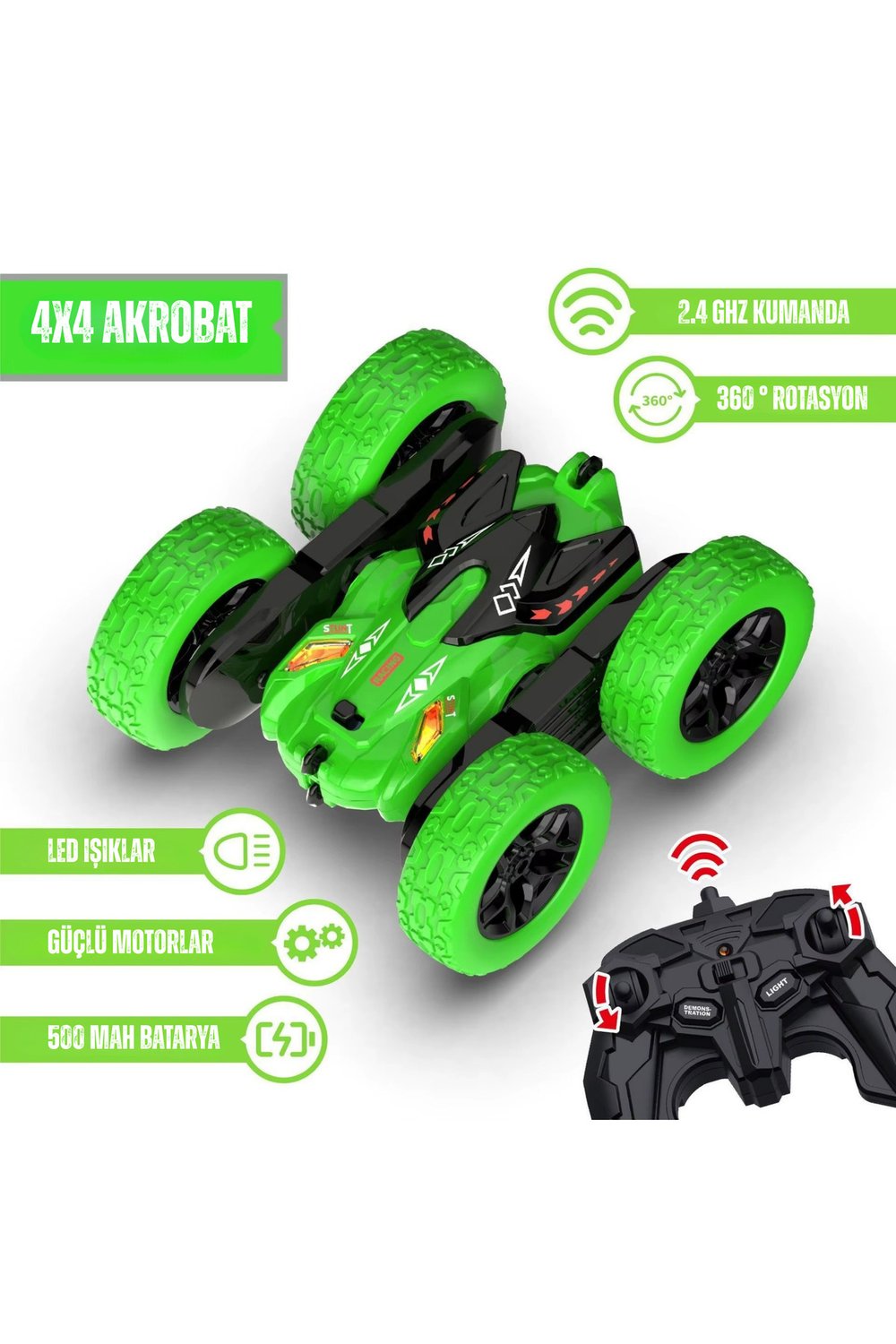 Oyuncak Uzaktan Kumandalı 4 Teker Akrobat Araba 360° Rotasyon Şarjlı Led Işıklı