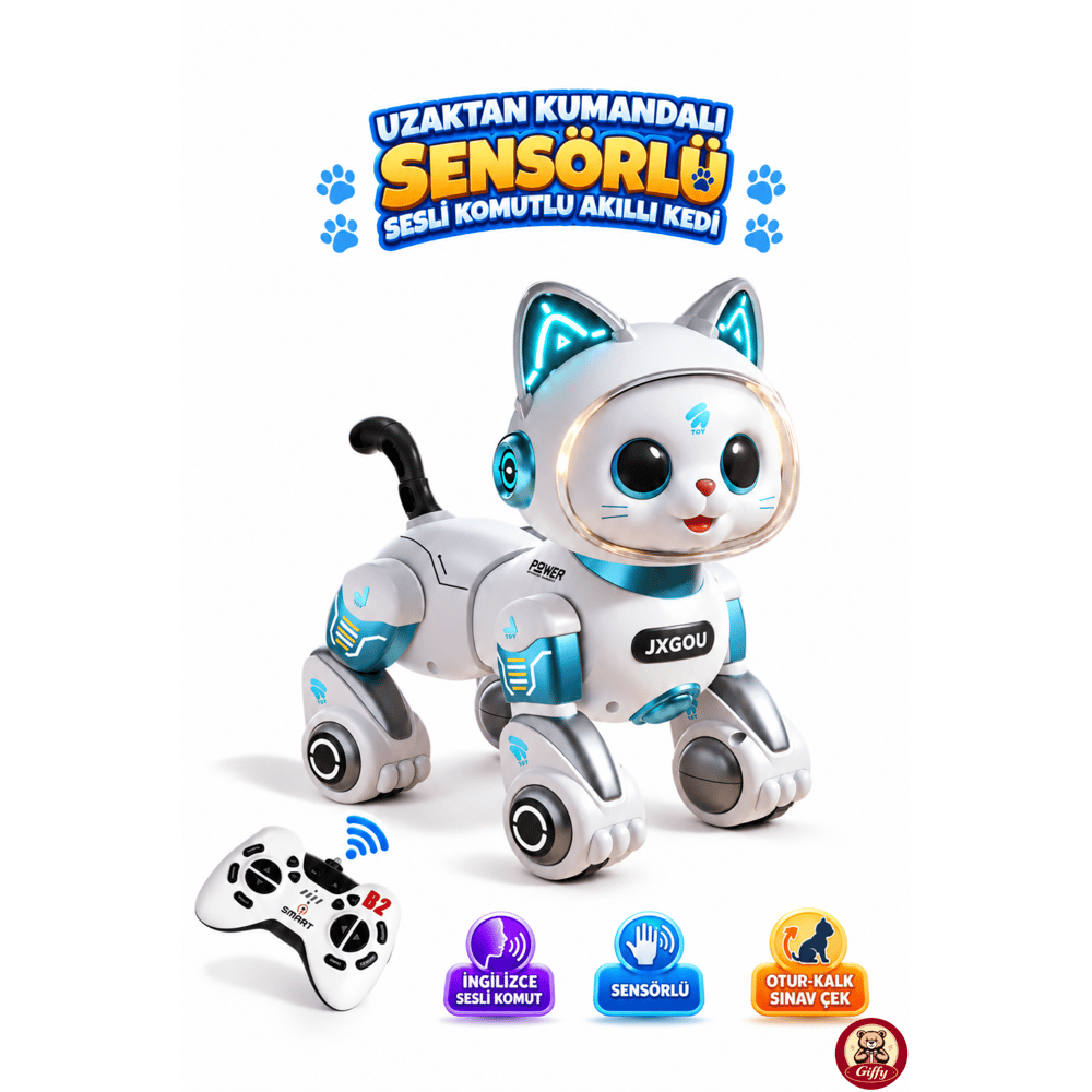 Oyuncak Uzaktan Kumandalı Sensörlü Akıllı Robot Kedi İngilizce Sesli Komutlu Şarjlı Işıklı Sesli Dans Eden Programlanabilir Full Fonksiyon RC Kedi (Mavi)