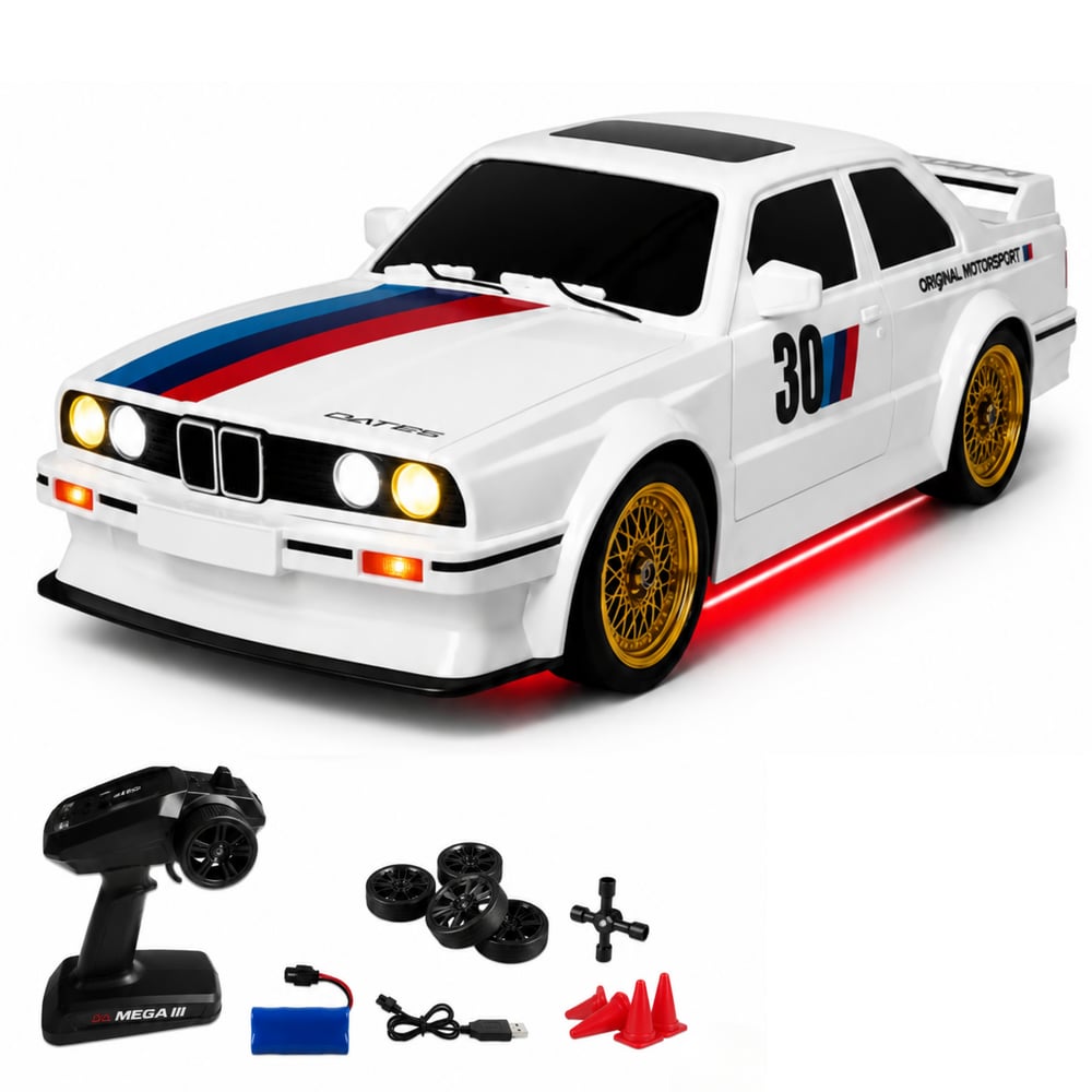 Uzaktan Kumandalı BMW E30 Drift Arabası Retro Efsane Kasa 30 KM/H Sürat Yapabilen 4x4 Şarjlı Hız Ayarlı LED Işıklı 7 Farklı Renk 2 Farklı Mod (BEYAZ)