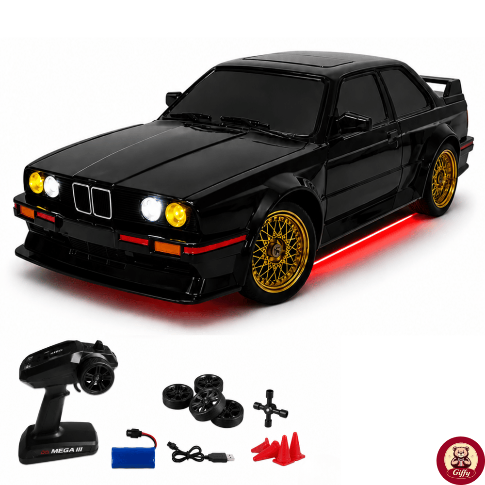 Uzaktan Kumandalı BMW E30 Drift Arabası Retro Efsane Kasa 30 KM/H Sürat Yapabilen 4x4 Şarjlı Hız Ayarlı LED Işıklı 7 Farklı Renk 2 Farklı Mod (Siyah)