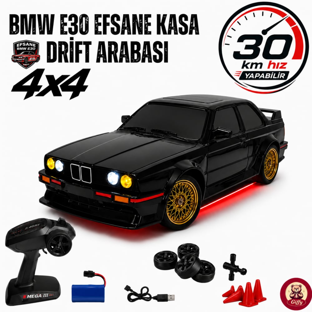 Uzaktan Kumandalı BMW E30 Drift Arabası Retro Efsane Kasa 30 KM/H Sürat Yapabilen 4x4 Şarjlı Hız Ayarlı LED Işıklı 7 Farklı Renk 2 Farklı Mod (Siyah)