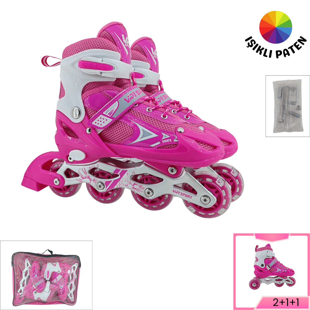 VR1 - Metal 2+2 Işıklı 3in1 Ayarlanabilir Çocuk Pateni 2+1+1 / 2+2 Silikon Tekerli Uç Korumalı (Pembe)