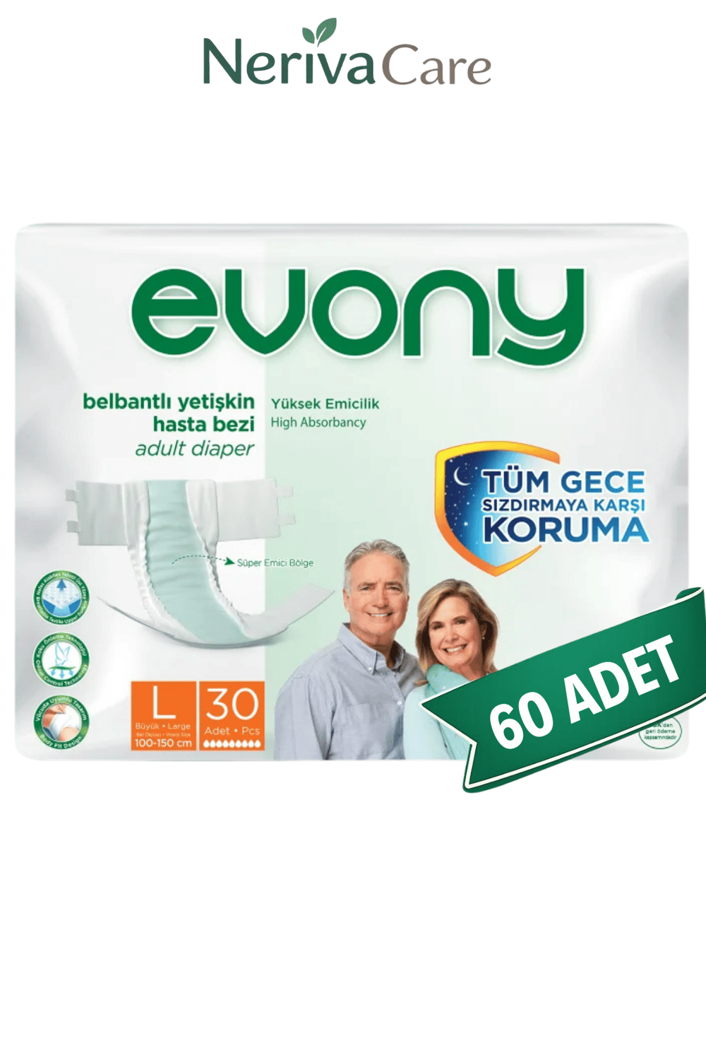 Evony Bel Bantlı Yetişkin Hasta Bezi L 60 AdetBelbantlı Hasta BezlerinerivacareEvony Bel Bantlı Yetişkin Hasta Bezi L 60 Adet (30'lu x 2 Paket)
