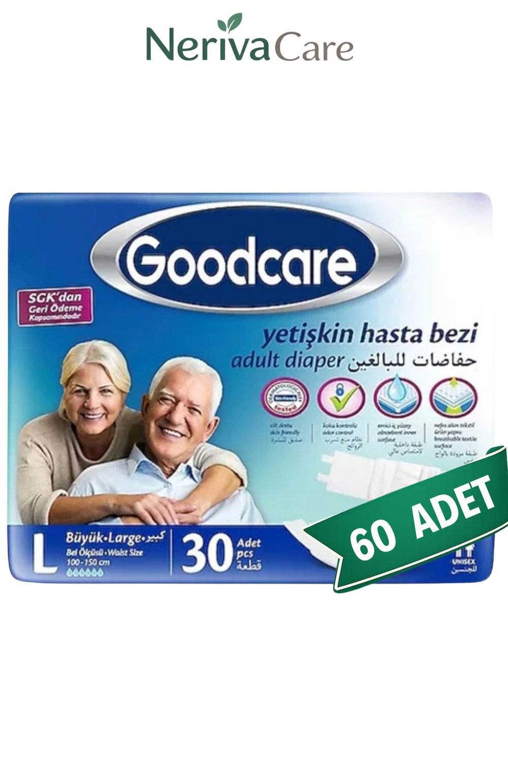 Goodcare Large Yetişkin Hasta Bezi 60 Adet | Bel Bantlı Büyük BoyBelbantlı Hasta BezlerinerivacareGoodcare Large Yetişkin Hasta Bezi 60 Adet (30'lu x 2 Paket) – Bel Bantlı