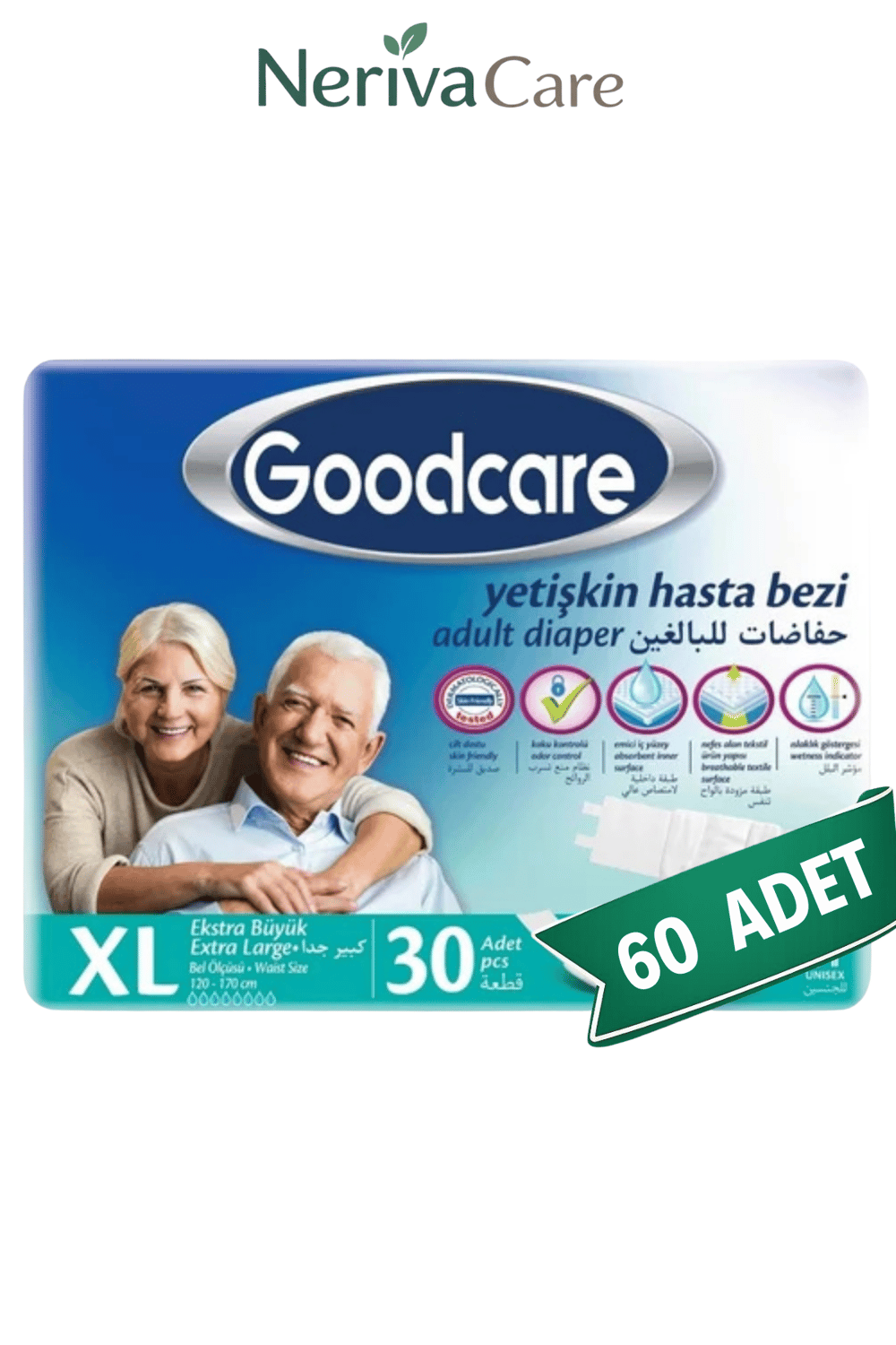 Goodcare XLarge Yetişkin Hasta Bezi 60 Adet | Bel Bantlı Büyük BedenBelbantlı Hasta BezlerinerivacareGoodcare XLarge Yetişkin Hasta Bezi 60 Adet (30'lu x 2 Paket) – Bel Bantlı Büyük Beden