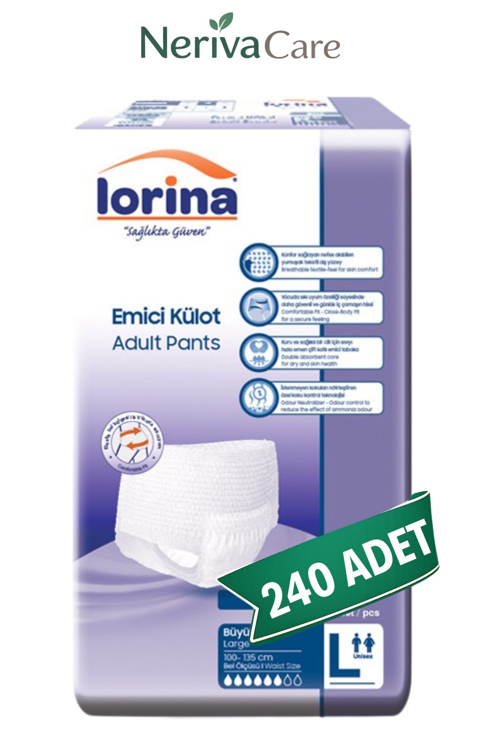 Lorina Emici Külot Hasta Bezi L Beden 240 Adet | En Düşük Birim MaliyetKülot Hasta Bezleri (Emici Külot)nerivacareLorina Emici Külot Hasta Bezi L Beden 240 Adet | Large Boy Orta Emicilik