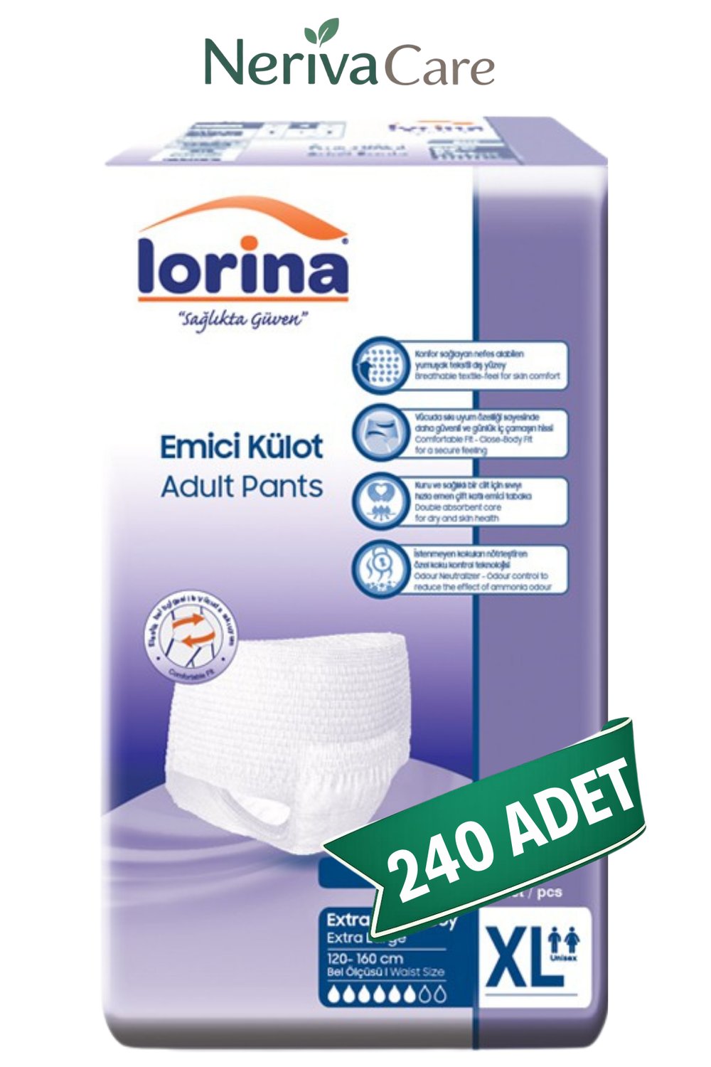 Lorina Emici Külot Hasta Bezi XL Beden 240 Adet | En Düşük Birim MaliyetKülot Hasta Bezleri (Emici Külot)nerivacareLorina Emici Külot Hasta Bezi XL Beden 240 Adet | XLarge Boy Orta Emicilik