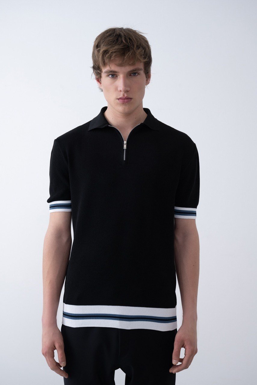  Yarım Fermuarlı Siyah Triko Polo Yakalı T-Shirt - Premium Ribana Detaylı 
