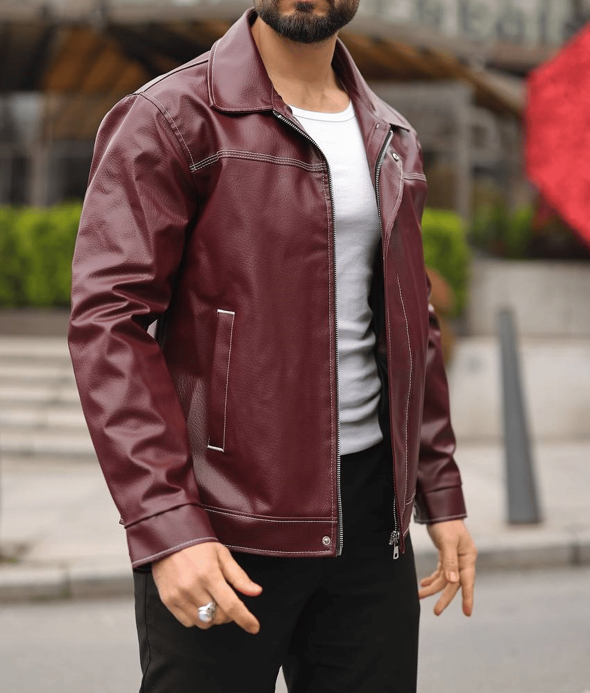Beyaz Dikiş Detaylı Bordo Deri Ceket