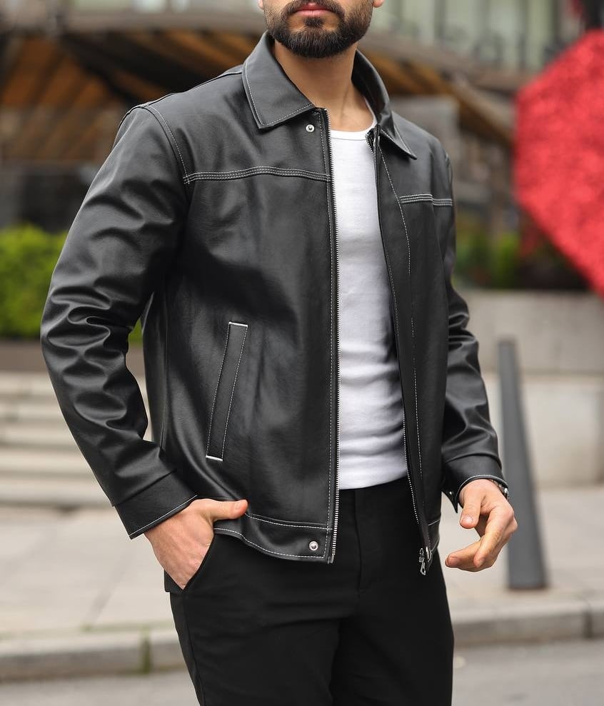 Beyaz Dikiş Detaylı Siyah Deri Ceket