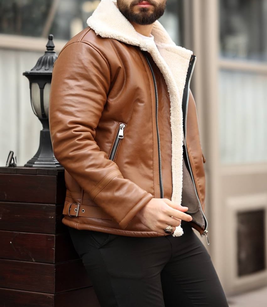 Biker Deri İçi Beyaz Kürklü Taba Mont