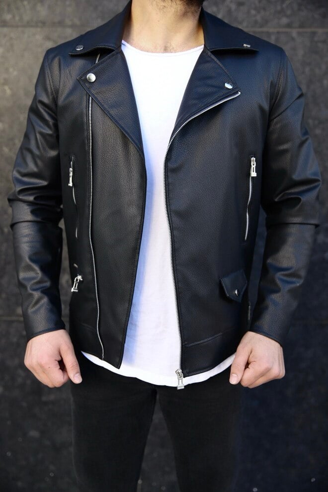 Biker Siyah Karbon Deri Ceket