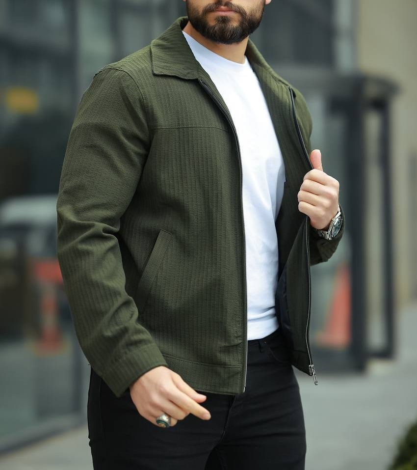Kendinden Çizgili Haki Polo Yakalı Ceket