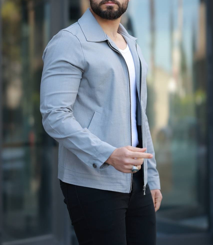 Relax Fit Açık Gri Keten Ceket