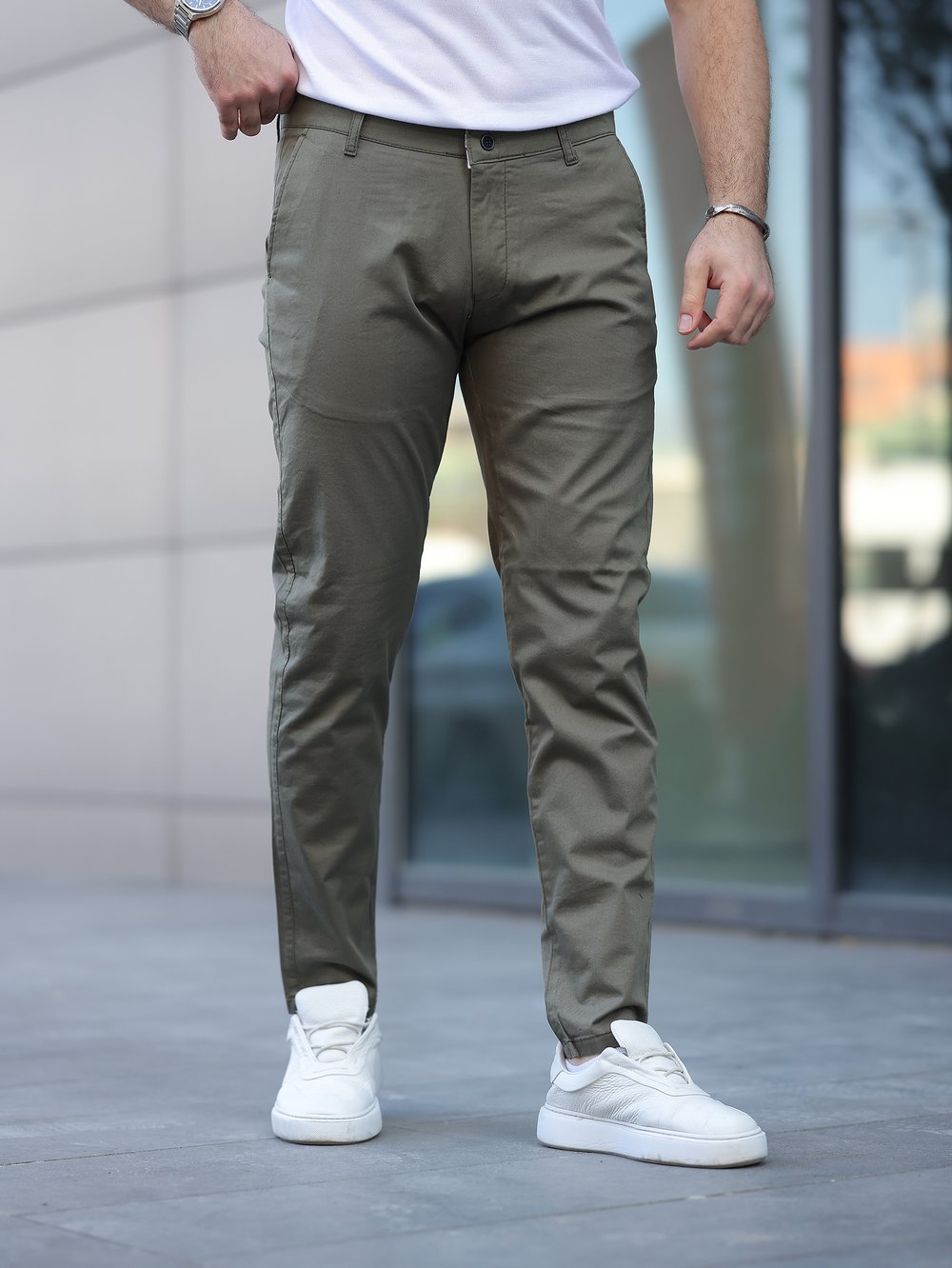 Slim Fit Chino Keten Haki Pantolon