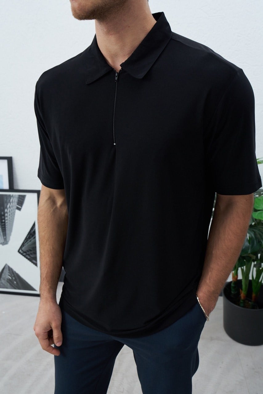Ultra Hafif Polo Yakalı Siyah T-Shirt -Fresh Tiril Tiril