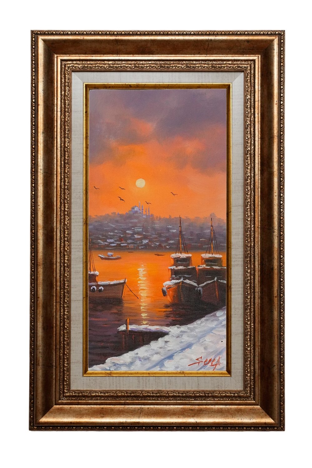 Ay Işığında İstanbul Boğazı Kayıkları Yağlı Boya Tablo