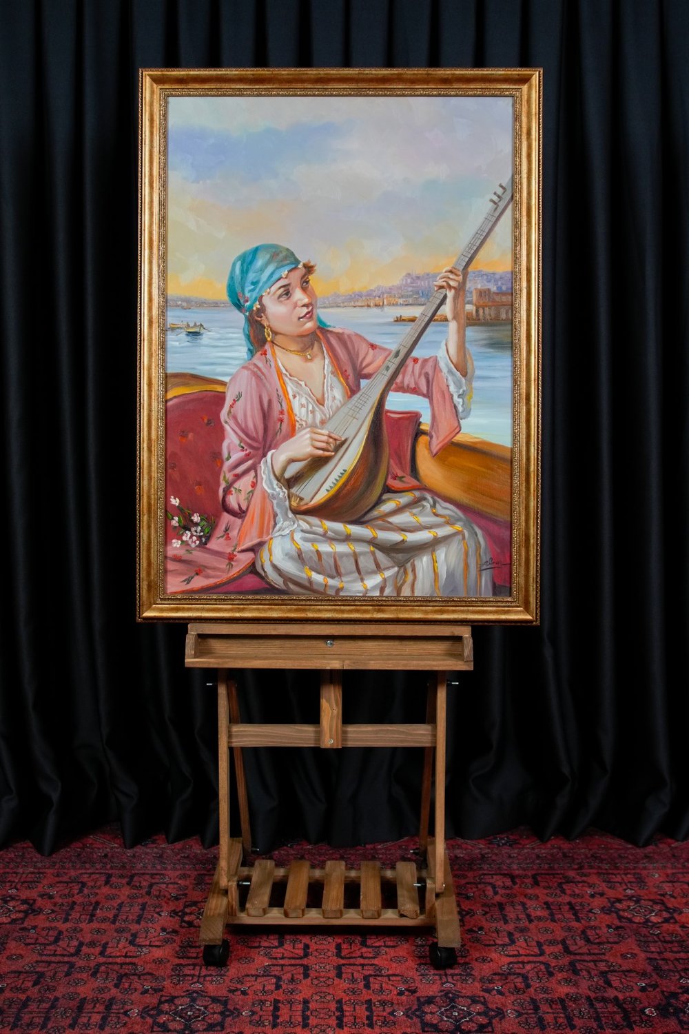 Bağlama Sanatçısı Kadın Temalı Yağlı Boya Tablo