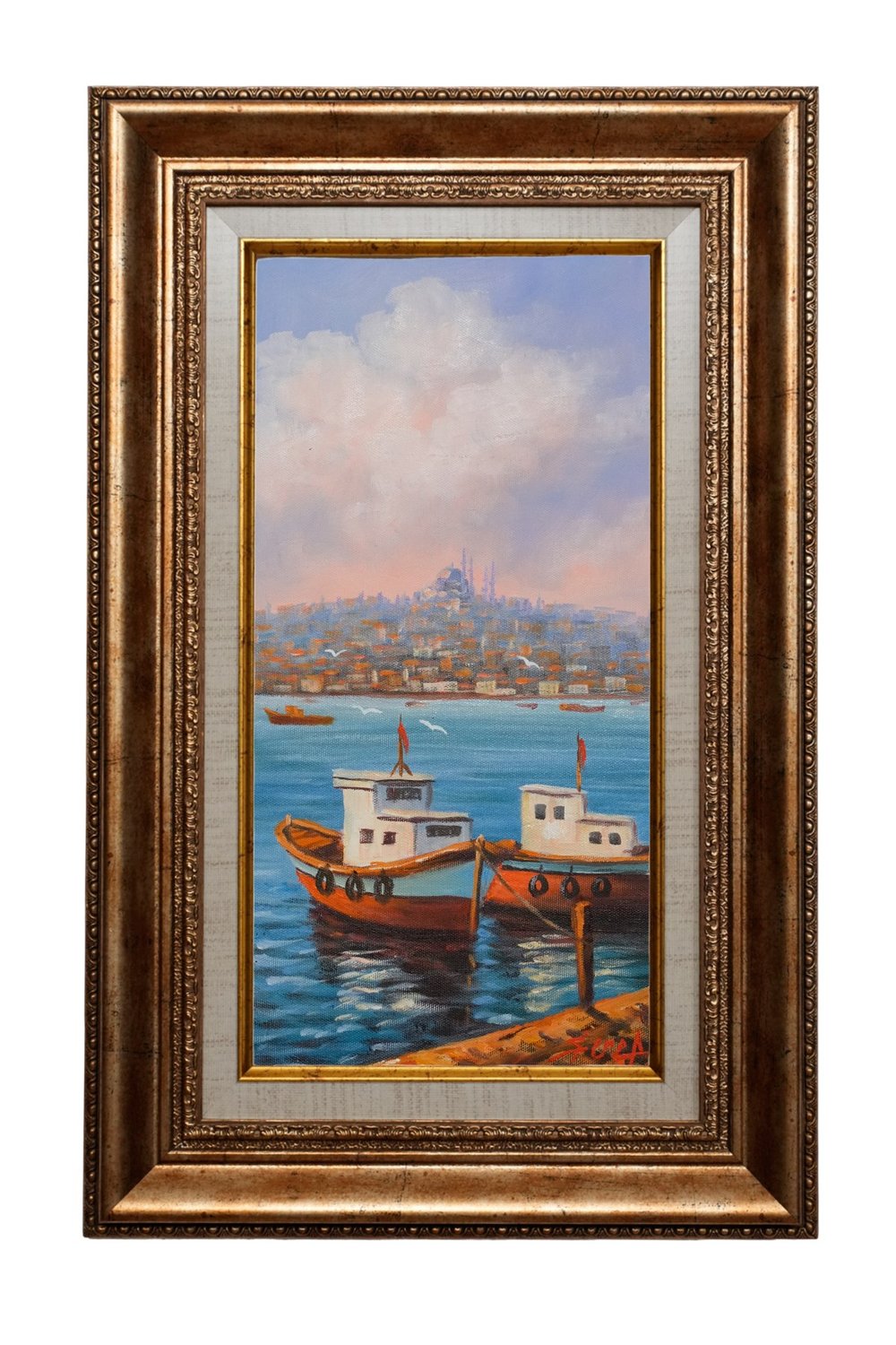 Boğazda İki Tekne ve İstanbul Manzarası Yağlı Boya Tablo