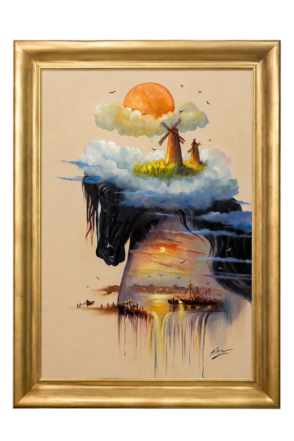 Yel Değirmenleri ve At Figürlü Modern Sanat Tablosu