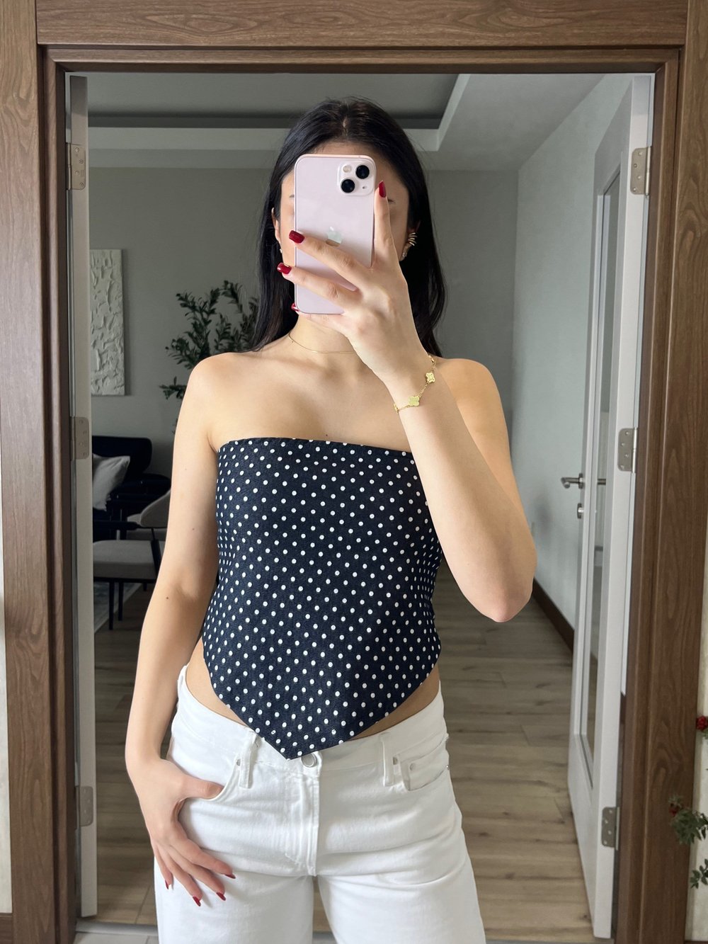 Asimetrik Kesim Straplez Crop Puantiye Desen
