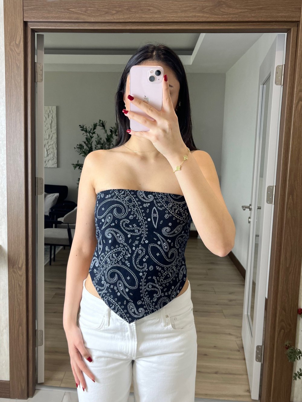 Asimetrik Kesim Straplez Crop Şal Desen