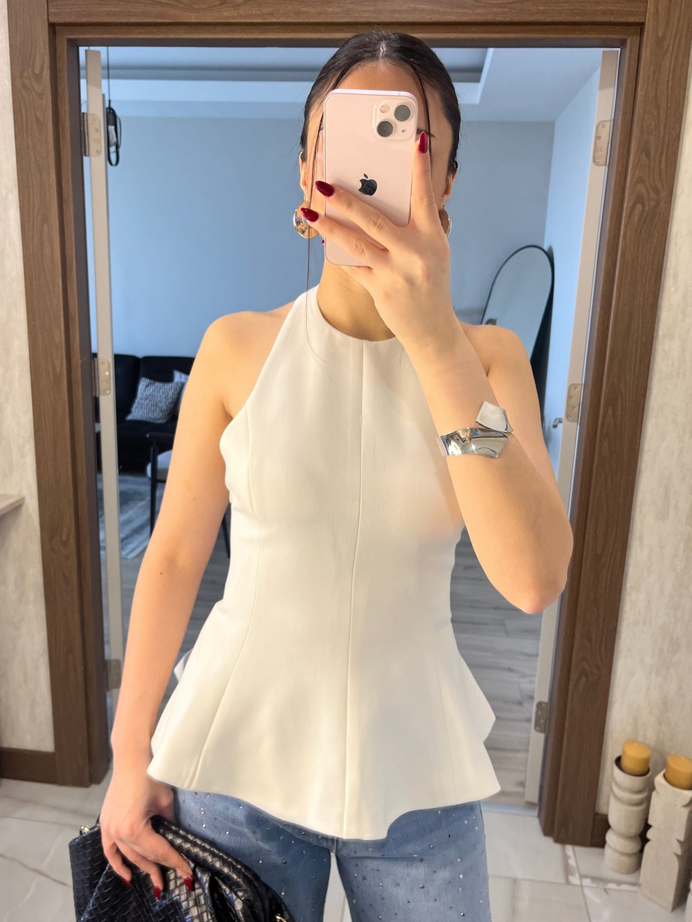 Boyundan Bağlamalı Fırfırlı Bluz Ekru