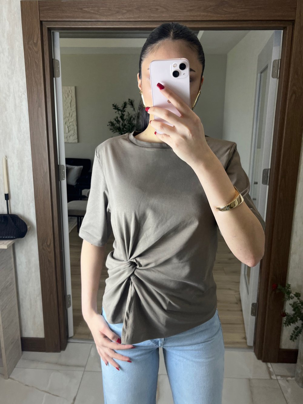 Büzgü  Detaylı Basic Tişört Vizon