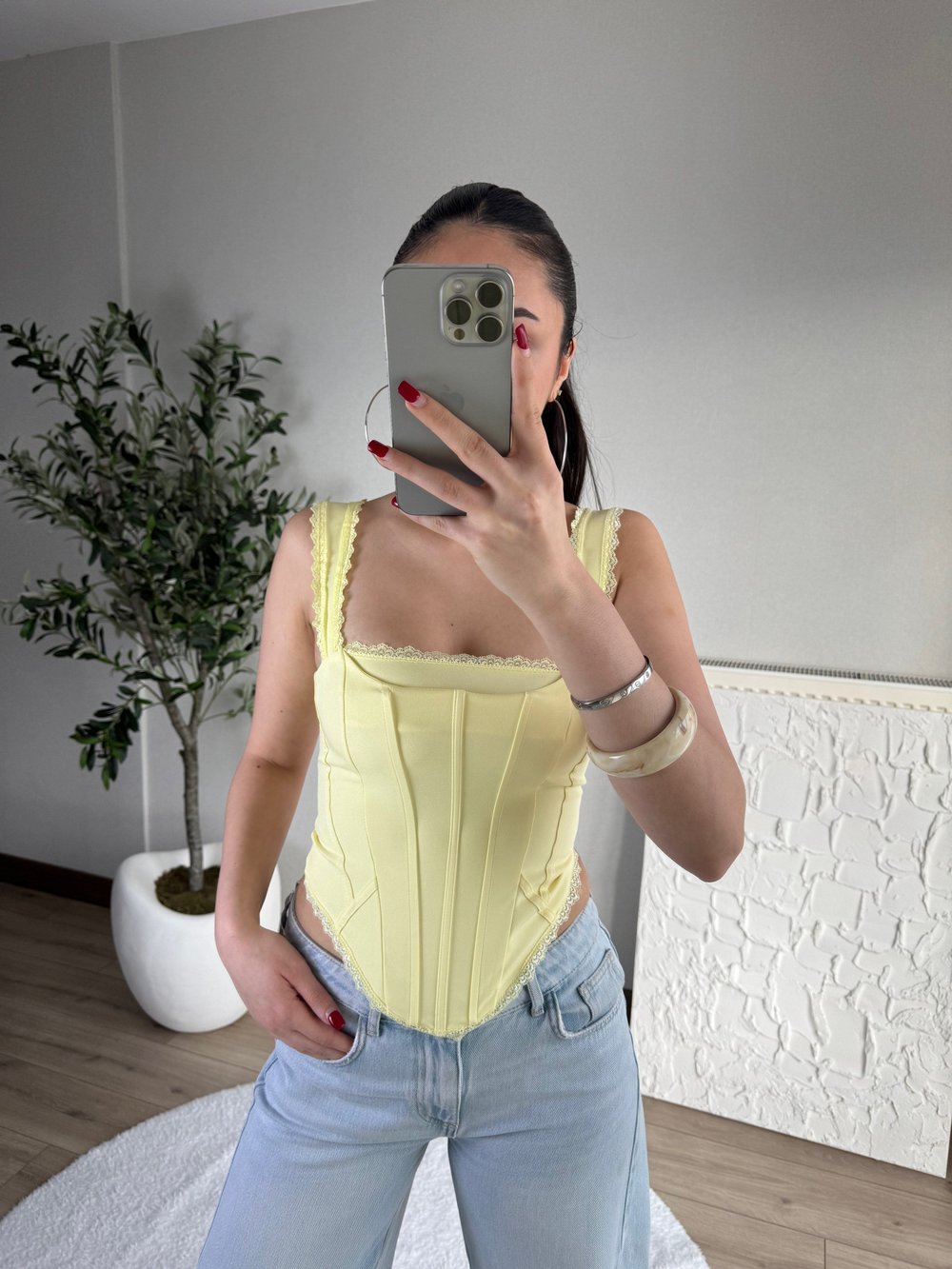 Dantel Detaylı Korse Bluz Sarı