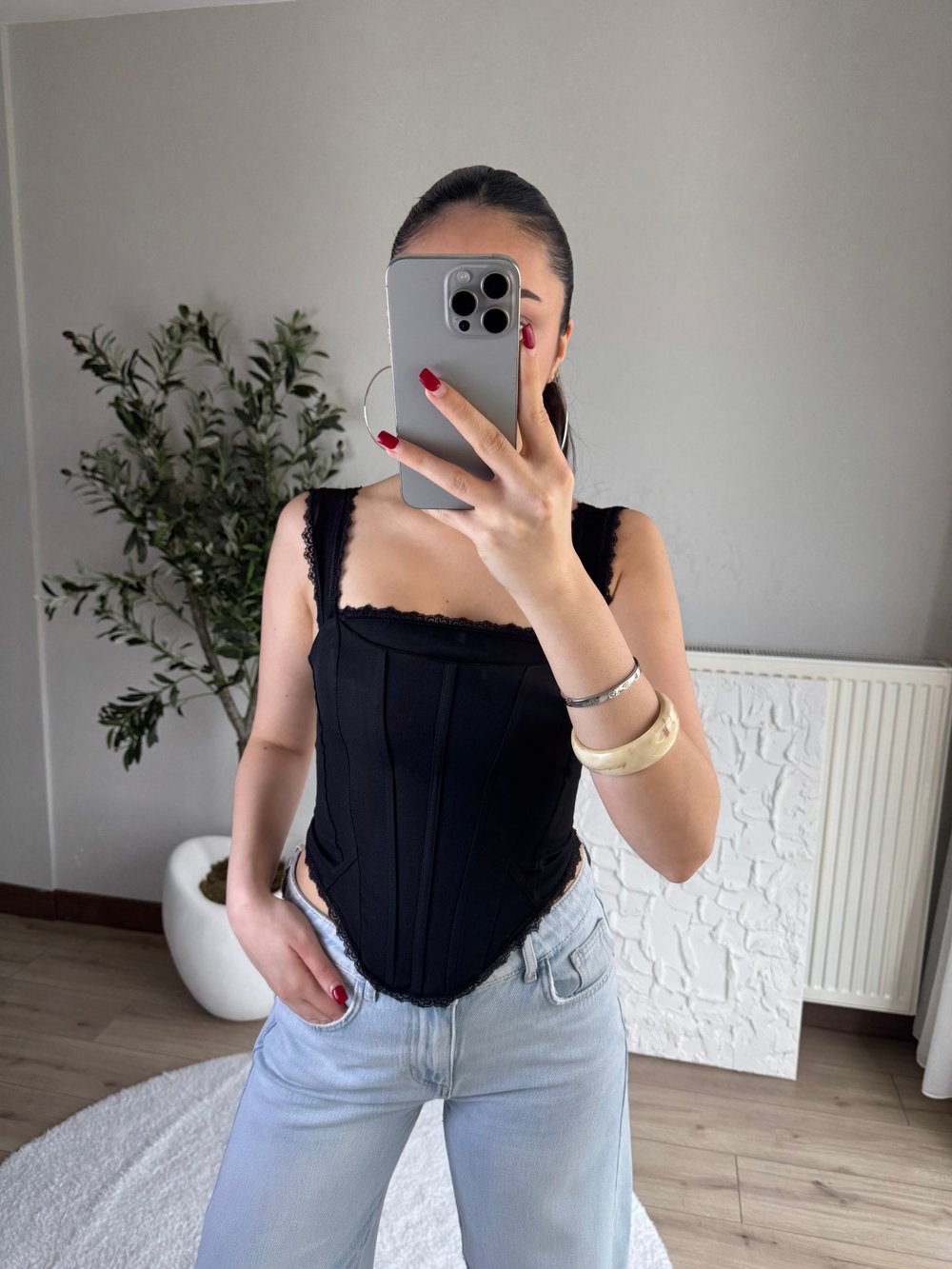 Dantel Detaylı Korse Bluz Siyah