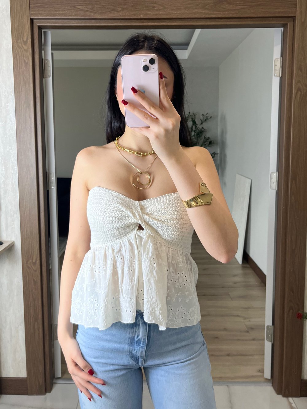 İşleme Detaylı Düğümlü Straplez Bluz